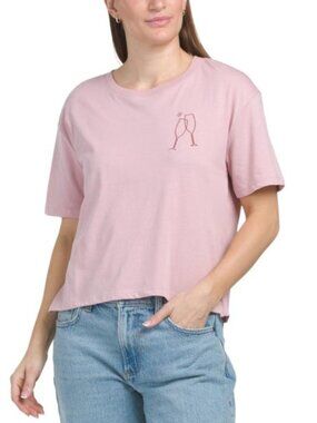 NWT Three Dots Embroidered Cheers Ariel Short Sleeve Cotton Blend Crew Neck Tee